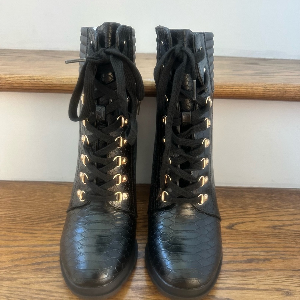 Shoe Dazzle Black Lace-Up Boots with Gold Details